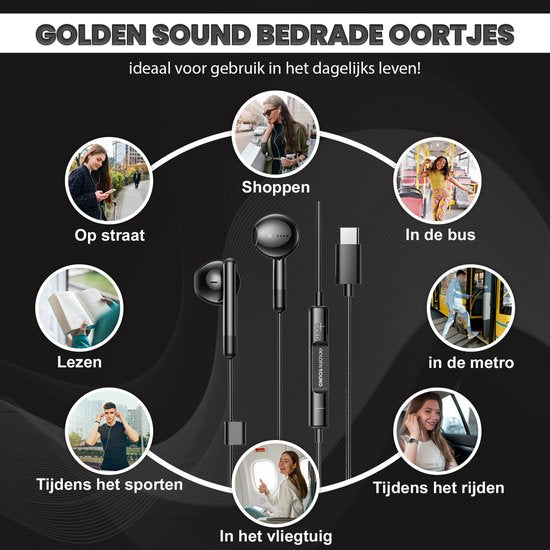Golden Sound kabelgebundene Ohrstöpsel - Ohrstöpsel mit Kabel und Mikrofon - USB-C-Anschluss - Schwarz
