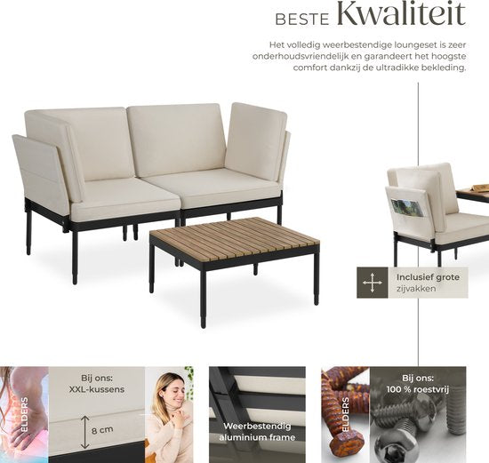 tectake® - Magaluf Lounge Set - 5-in-1-Gartenset mit Aluminiumgestell - 2 Gartensessel und 1 Couchtisch - Aufstellbar als Liege, Eckbank oder 2-sitzige Gartenbank - Inklusive Kissen - Balkonset 2 Personen