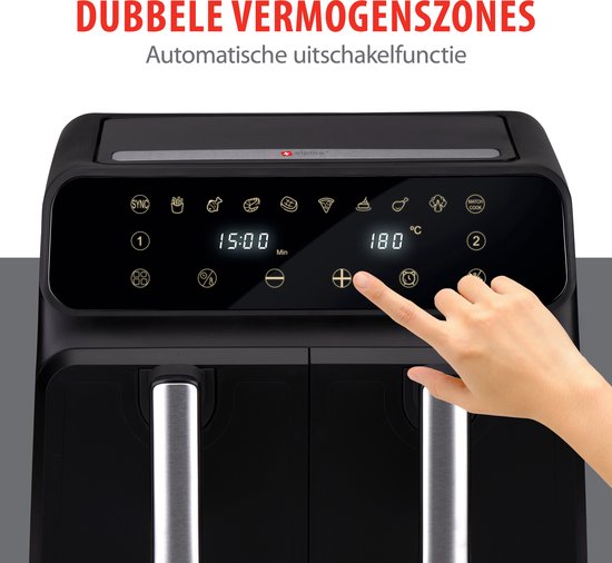 alpina Double Airfryer XL 8L - Heißluftfritteuse für 4 bis 8 Personen - Fassungsvermögen 2x4L - Digitalanzeige - Fritteuse 1700 W - Sync Finish Funktion - Schwarz