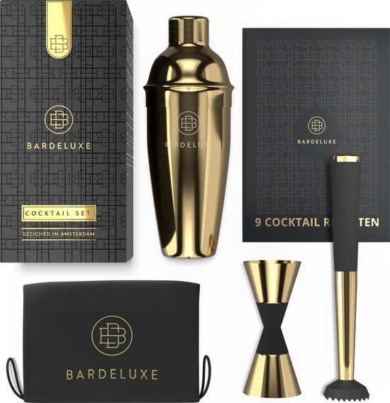 BarDeluxe® Cocktail Set - 3-teiliger 750 ml Cocktail Shaker mit Jigger & Stamper - Inklusive holländischem Rezeptbuch - Luxus Geschenk - Gold