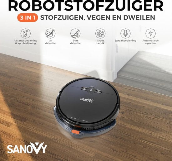 Sanovy 3 in 1 Staubsaugerroboter mit Wischfunktion - 1800 PA- Automatische Ladestation - Wischroboter - App
