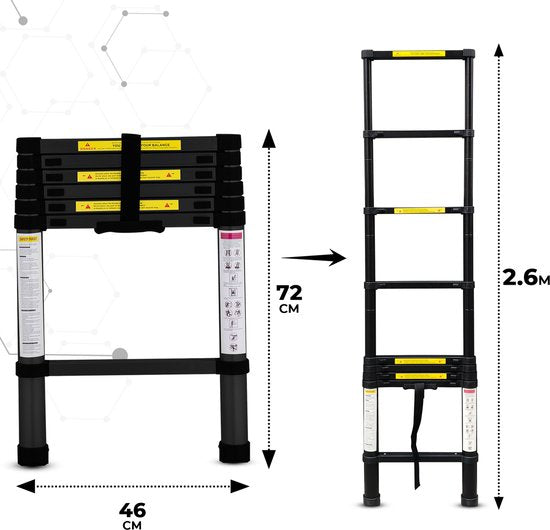 Outbee Teleskopleiter - Teleskop-Klappleiter - 2,6 m Arbeitshöhe - Aluminium - Schwarz