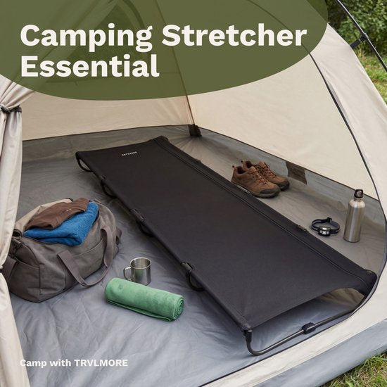 TRVLMORE Feldbett faltbar - 120KG Tragfähigkeit - Campingbett inkl. Tragetasche - Liege 1 Person - Stahlrahmen - 193x66x15 cm - Schwarz