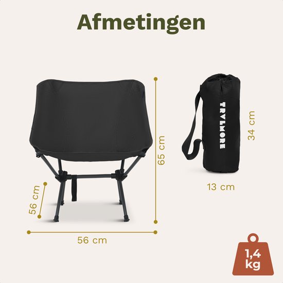 TRVLMORE Campingstuhl - faltbar - 100KG Tragkraft - Inkl. Tragetasche - Klappstuhl - Angelstuhl - Campingstuhl - Klappstuhl - Schwarz