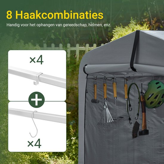 SoBuy KLS11-L-DG Gartenhaus, wasserdichte Aufbewahrung im Freien, Motorradunterstand mit Haken, Fahrrad- und Werkzeuggarage, Fahrradaufbewahrung, Stauraum, Grau, 159x219x165 cm