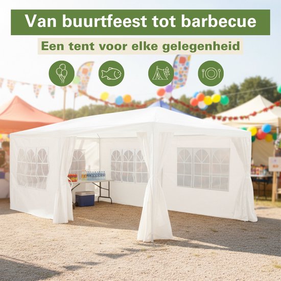 Kinzo Partyzelt 3 x 6 m – Zeltpavillon für 70 Personen – Gartenpavillon mit 6 Seitenwänden – Gartenzelt mit einer Firsthöhe von 2,5 m – Partyzelt, wasserdicht und UV-beständig – Weiß