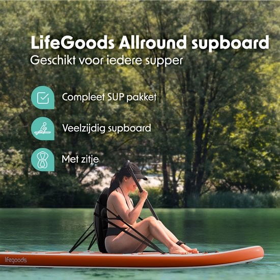 LifeGoods PaddlePro SUP Board - mit Sitz - Aufblasbares Paddle Board - Komplettset - Max. 135KG - 320x81cm - Weiß/Orange