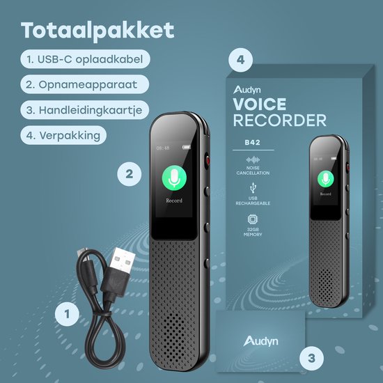 Audyn Digital Voice Recorder - 400 Stunden Audioaufnahme - Fernabhörgerät - Diktiergerät - 360° HD-Aufnahmen - Schwarz