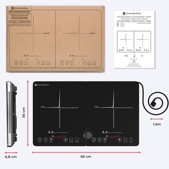 KitchenBrothers Induktionskochfeld - 2 Brenner - Freistehend - 1500W + 2000W - Edelstahl