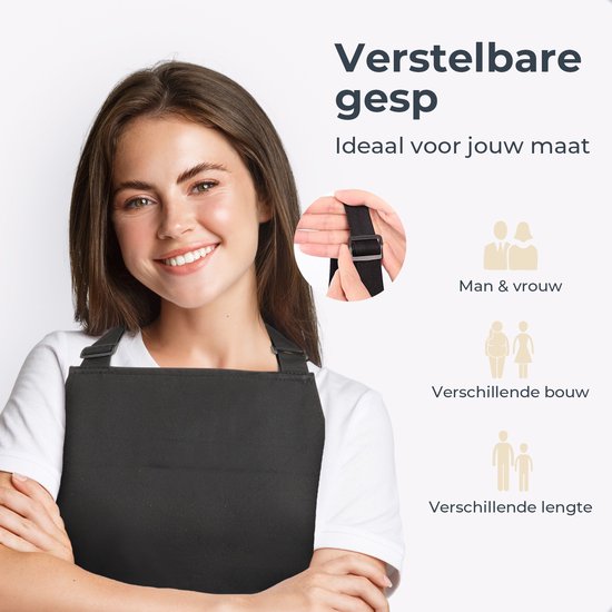 Küchenschürze - Wasser- und schmutzabweisend - Professionelle Kochschürze - Schürze für Frauen und Männer - Catering-Schürze - Unisex - Verstellbare Schnalle - Extra große Fächer - Schwarz
