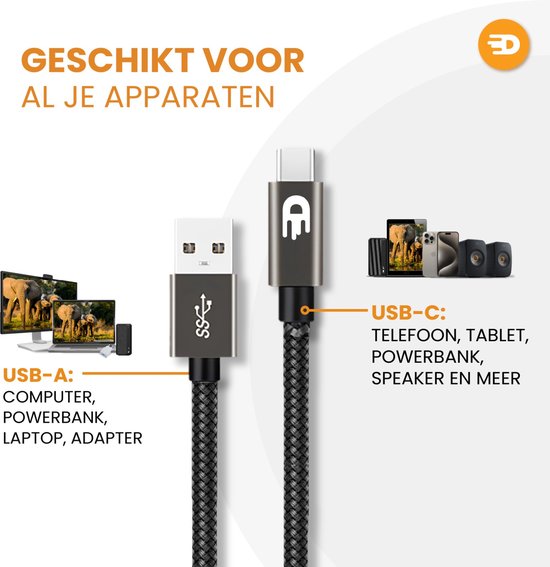 Drivv. USB zu USB C Kabel - Schnellladegerät - USB C Daten- und Ladekabel - 2 Meter - Geeignet für Samsung, iPhone 15 & mehr - Modernes Grau