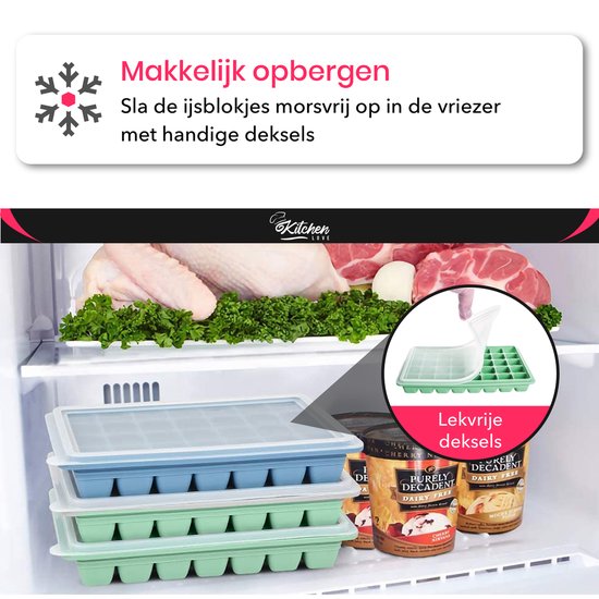 KitchenLove Silikon Eiswürfelform mit Deckel (2 Stück) - 80 Eiswürfel - Quadratisch - BPA frei - 100% Silikon - Grün & Blau