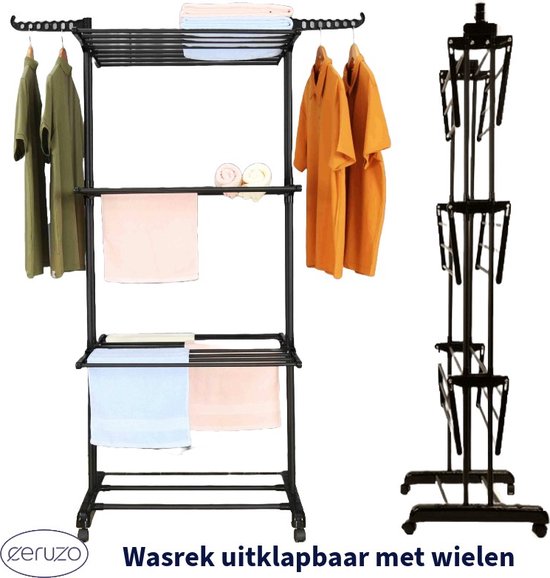 Wäscheständer zusammenklappbar - 75x64x178 cm - Wäscheturm - Trockenturm mit Rädern - Schwarz