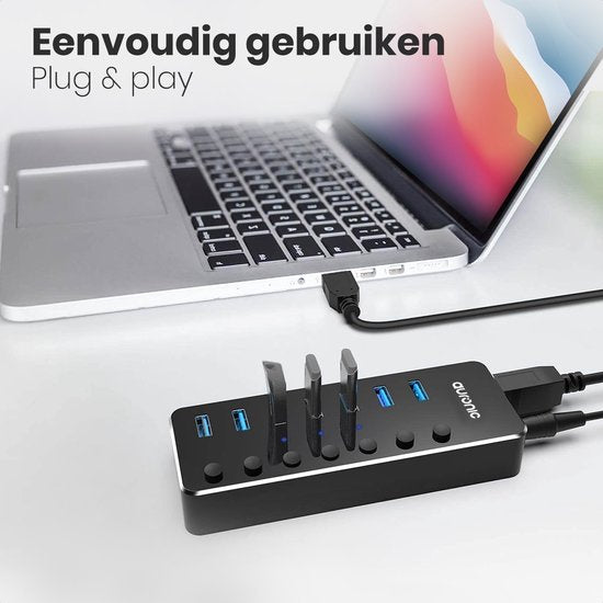 Auronic USB Hub 3.0 - USB Splitter mit 7 Ports - mit Netzteil - 5 GBPs - Led-Anzeige - Schwarz