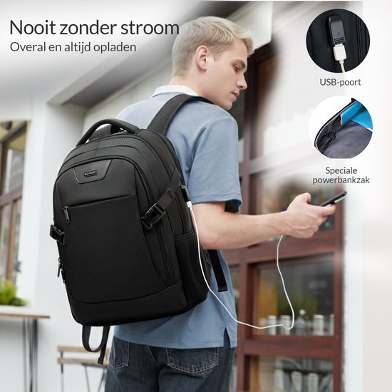 NOHRD Laptop Rucksack - Schwarz - Anti-Diebstahl - Laptoptasche 15.6 Zoll - USB Ladestation - Rucksack Damen & Herren - Wasserabweisend - Schultasche Mädchen & Jungen - Büchertasche mit Laptopfach