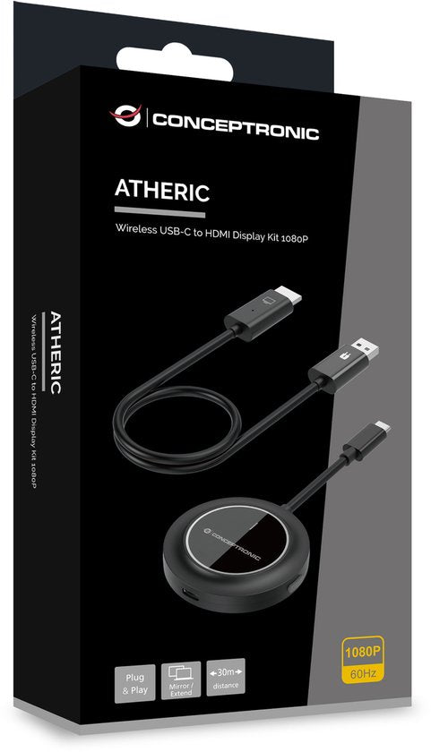 Conceptronic ATHERIC01B – Drahtloser Bildschirmadapter – Drahtloses USB-C-zu-HDMI-Bildschirm-Set 1080p – HDMI/USB – Full-HD-Dongle