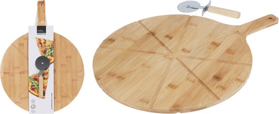Excellent Houseware Pizzabrett mit Pizzaschneider - Bambus - 38 cm - doppelseitig - Pizzabrett