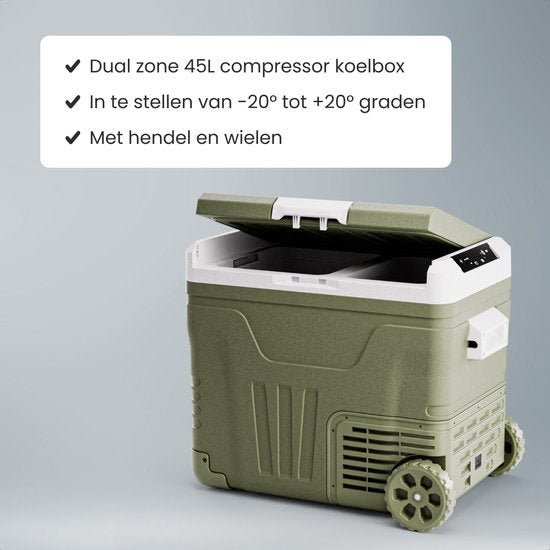 Auronic Electric Cool Box - Kompressor - 2 Zonen - 45L - 12/24V und 240V - Kühlen und Gefrieren - Campingkühlschrank - Frigobox Auto - Mit Rädern und Griff - Grün