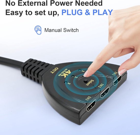 HDMI-Splitter – HDMI-Switch – 4K Ultra HD – 3 Eingänge – 1 Ausgang – HDMI-Splitter – High-Speed-3-Port – Splitter mit 3-in-1-Ausgang – geeignet für Fernseher, PC, Roku, Fire TV Stick, Xbox, PS5, PS4, Blu-ray, Projektor, HD-Monitor
