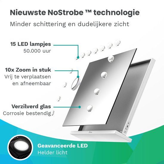 Mirlux Hollywood Mirror 58x48CM - Bluetooth-Spiegel mit 2 Lautsprechern - Schminkspiegel mit Beleuchtung - 15x LED-Lampen - 3 Lichtmodi - 10-fache Vergrößerung - Hollywood-Spiegel mit USB & USB-C - Luxuriöser weißer Schminkspiegel für Schminktisch oder Ba