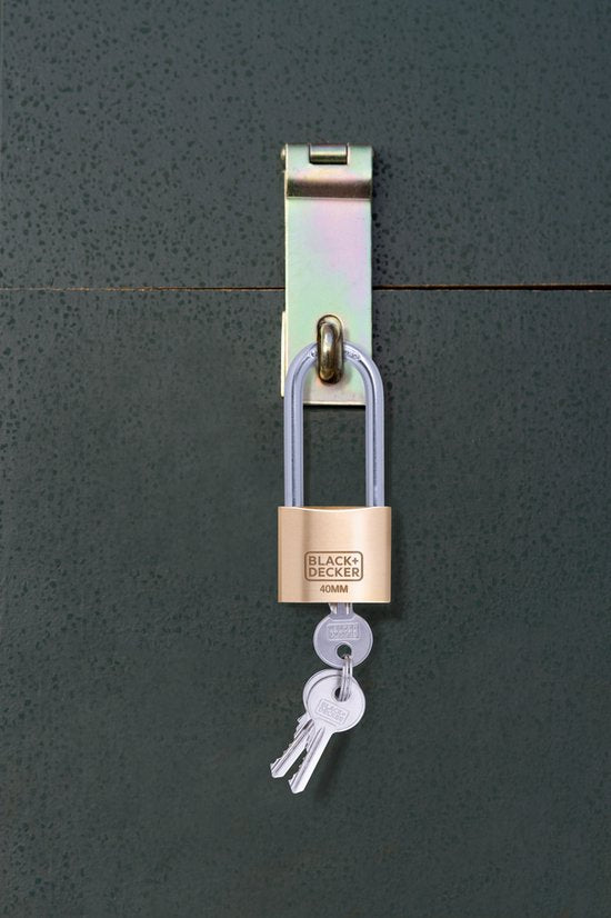 BLACK+DECKER Vorhängeschloss - 40mm - Langer Bügel - Inkl. 3 Schlüssel - Massivmessingschloss