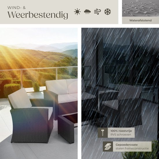 tectake Geflecht-Gartenset für 4 Personen - 2-sitzige Gartenbank und 2 Gartenstühle - Tisch mit abnehmbarer Glasplatte - Bequeme Sitz- und Rückenkissen - Lounge-Set für Garten, Terrasse, Balkon - Schwarz