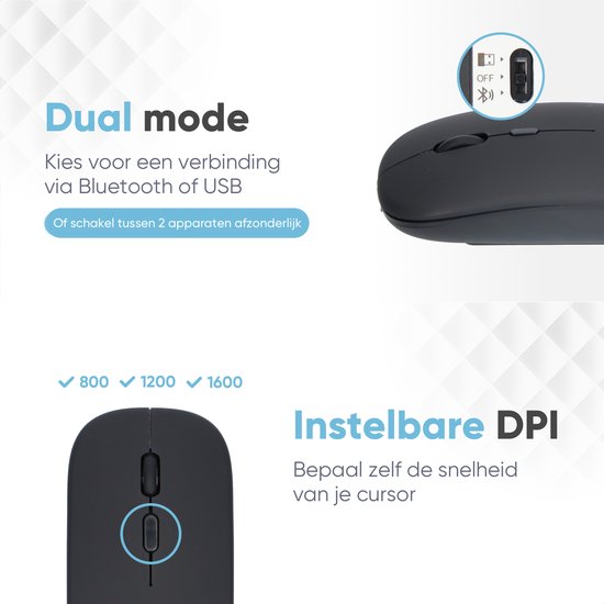 Trendfield Kabellose Maus - Bluetooth & USB - Leise Klicks - 800/1200/1600 DPI - Wiederaufladbar