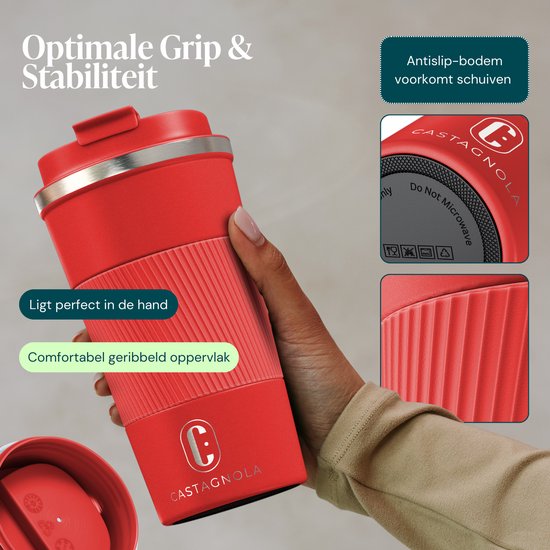 Castagnola Thermos Cup - Kaffeebecher To Go - Reisebecher für Kaffee und Tee - Teebecher - 510 ML - Edelstahl - Rot