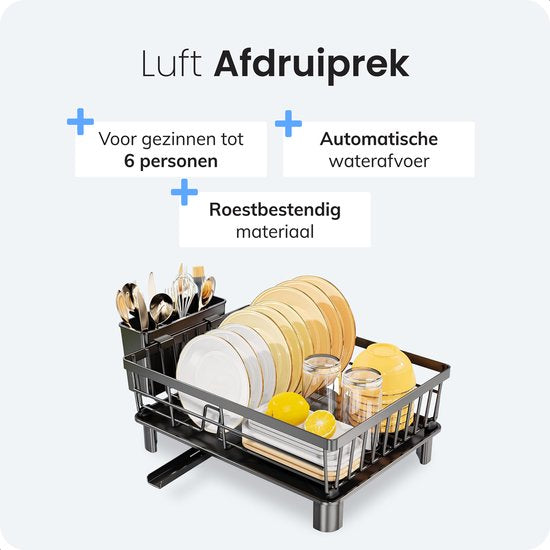 Luft Abtropfgestell mit Tropfschale - Geschirrspüler - Abtropfgestell für Geschirr - Schwarz - Tropfmatte - Ideal für Küche & Camping - Edelstahl
