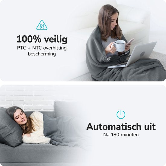 Bloomfold Heizdecke - 180 x 160 cm - Waschbar - 2 Personen - 9 Stufen - Mit Timer - Flanell- Grau