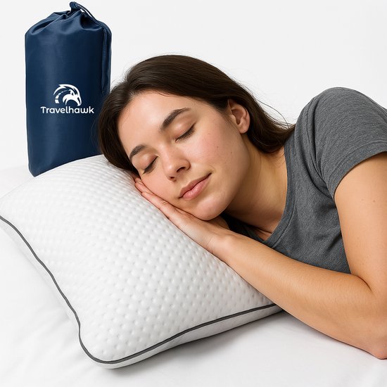 Travelhawk Reisekissen - Camping-Kissen - Nackenkissen - Mini-Kissen - Memory Foam - Inklusive Aufbewahrungsbeutel - Kompakt & Atmungsaktiv - 55x36x11cm