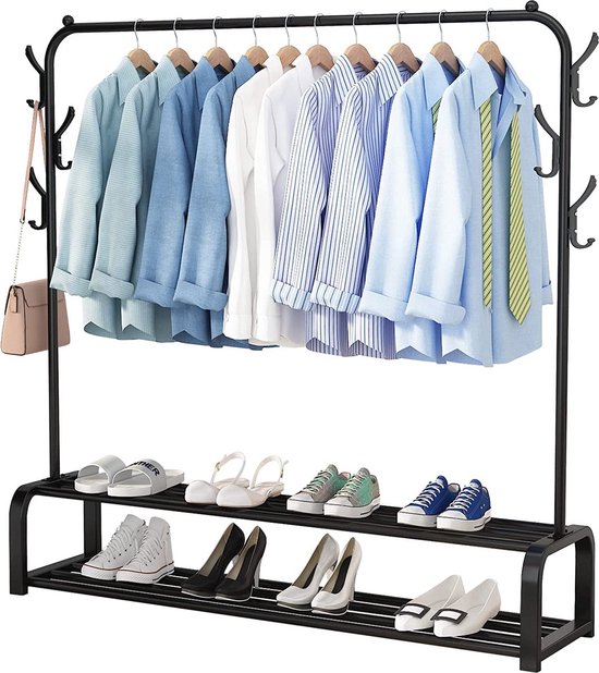 Exxen Industrieller Kleiderständer – Metall – 110 x 33 x 150 cm – Schwarz – Stauraum für Schuhe – Garderobenständer mit Haken