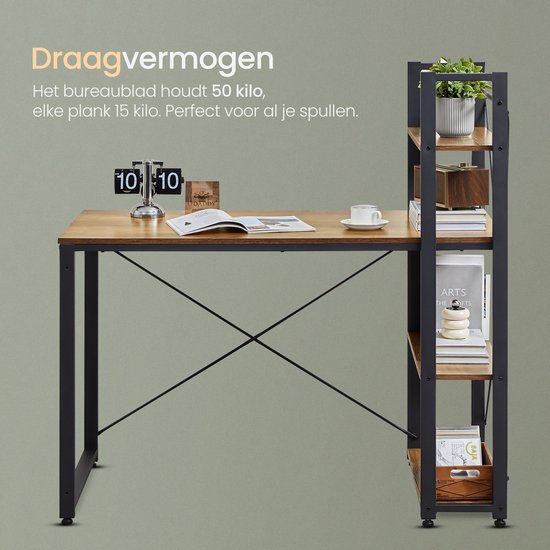 O'DADDY® Schreibtisch mit verstellbaren Füßen - Schreibtisch - Computertisch - Game Desk - Gaming Desk Small - Schreibtischmöbel - 120 x 60 cm - Bücherregal - Computertisch - Braun