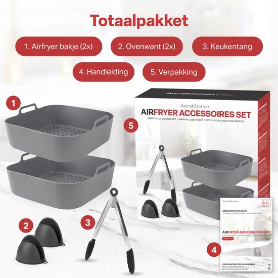 AoraKitchen Airfryer Tabletts Silikon - 20cm - 5 Stück - Airfryer Zubehör - inkl. Handschuhe & Zange