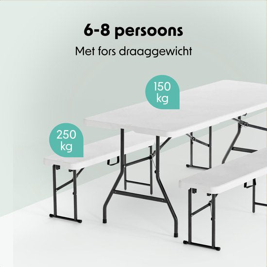 LifeGoods Faltbares Picknick-Set - 180cm x 74cm - Gartentisch mit 2 Bänken - Wetterfest - Campingtisch - Biertisch faltbar - Für Innen und Außen - Für 6 bis 8 Personen - Weiß
