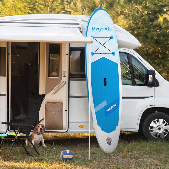 LifeGoods SUP Board All-round Compact - 100 KG Belastbarkeit - 300 x 76 cm - Aufblasbar - Komplettes SUP Paket - Weiß/Himmelblau