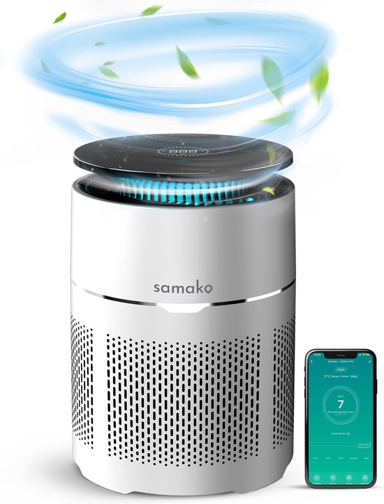 Samako - Airflow Pro - Luftreiniger - Hepa 13 pro Filter - Heuschnupfen, Haustierallergien, Hausstaubmilben - Luftqualitätsanzeige - Luftreiniger - Niederländische App - Schlafmodus