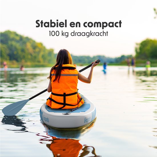 LifeGoods SUP Board All-round Compact - 100 KG Belastbarkeit - 300 x 76 cm - Aufblasbar - Komplettes SUP Paket - Weiß/Himmelblau