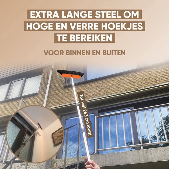 TTD® Kehrschaufel und Bürste mit langem Stiel XXL - Verstellbar 54-263 cm - Besen - Besenstiel - Grau & Orange - Kehrschaufel und Bürste - Schmutzbehälter für drinnen und draußen - Integrierte Reinigungszähne