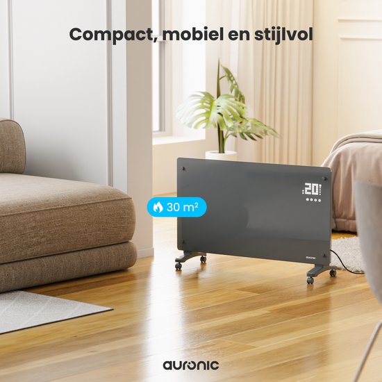 Auronic Electric Heater - Konvektor-Heizung mit Thermostat und Fernbedienung - Glasheizung - 2500W Heizung - Grau