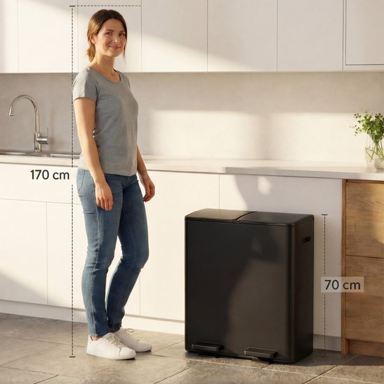Bayt Mülleimer - Mülleimer 60 Liter (2x30) - Mülleimer 60 Liter - Treteimer 60 Liter - Mülleimer Mülltrennung - Mülleimer 2 Fächer - Mülleimer - Edelstahl - Schwarz