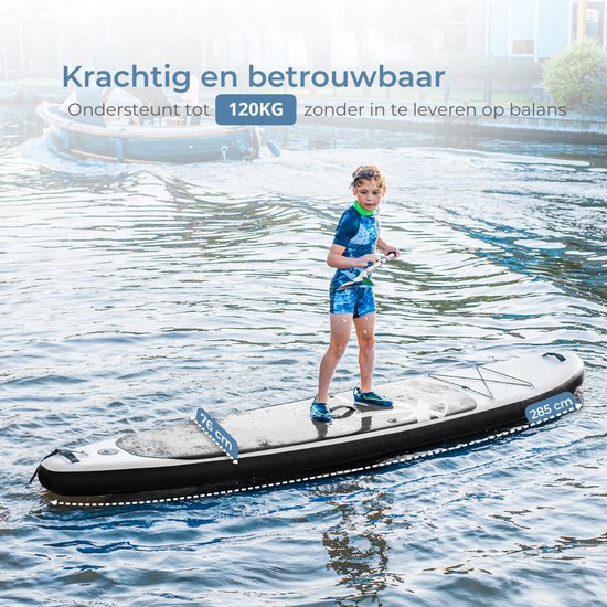 Supper Sup Board - Max. 120KG - Aufblasbar - Paddle Board - Pumpe - Finne - Leash - Tragetasche - 285 x 76 cm - Schwarz