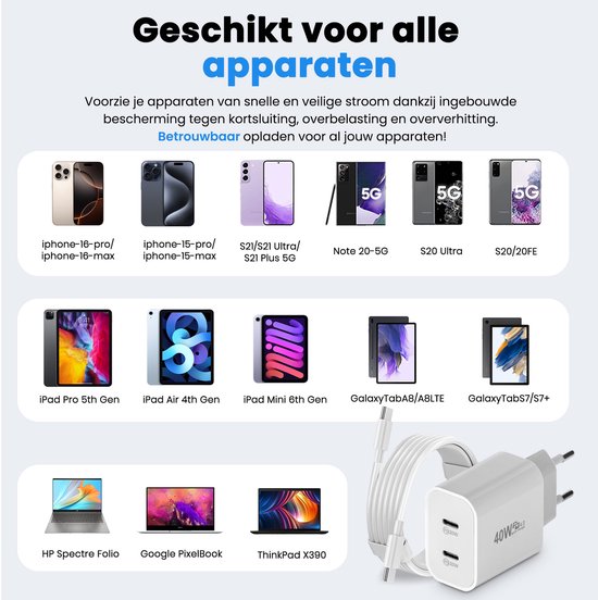 USB-C-Ladegerät - 40W - mit 2x USB-C-auf-USB-C-Kabel - Schnellladegerät - 2 Ladeanschlüsse - Weiß - von Faas