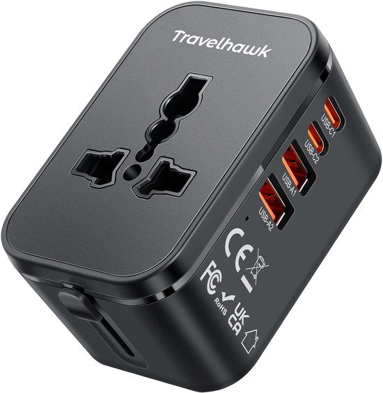 Travelhawk World Plug mit 2x USB-C und 2x USB Port - Reisestecker - USB Stecker - Internationaler Reisestecker für 150+ Länder - Amerika (USA) - England (UK) - Australien - Asien - Südamerika - Afrika - Weltstecker - Schwarz