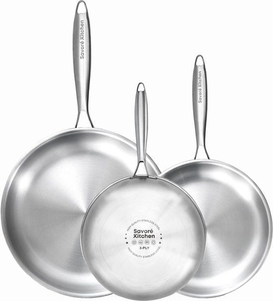 Savoré Kitchen 3-teiliges Bratpfannen-Set aus Edelstahl - Ø 20, 24, 28 cm Pfannen - Induktion - Pfanne - Bratpfannen - Pfannen-Sets - Bratpfannen-Set