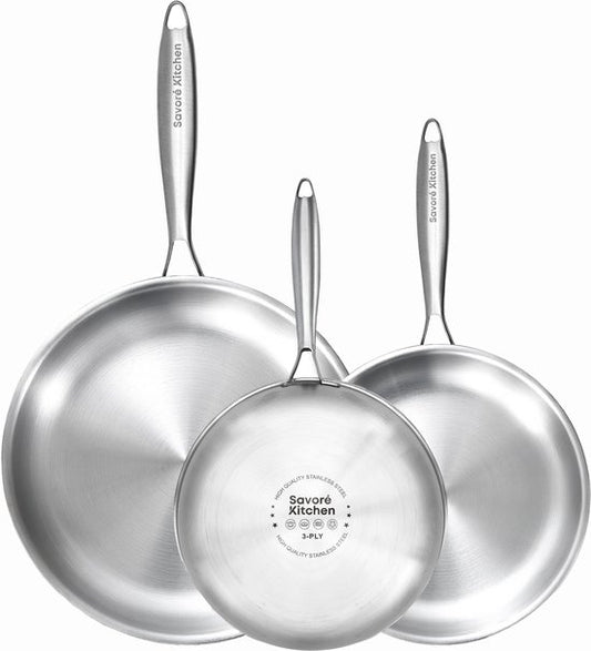 Savoré Kitchen 3-teiliges Bratpfannen-Set aus Edelstahl - Ø 20, 24, 28 cm Pfannen - Induktion - Pfanne - Bratpfannen - Pfannen-Sets - Bratpfannen-Set
