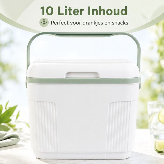 Ceruzo Kühlbox 10 l – Kompakt – Kühlelement im Deckel – Camping-Kühlbox – Weiß-Grün