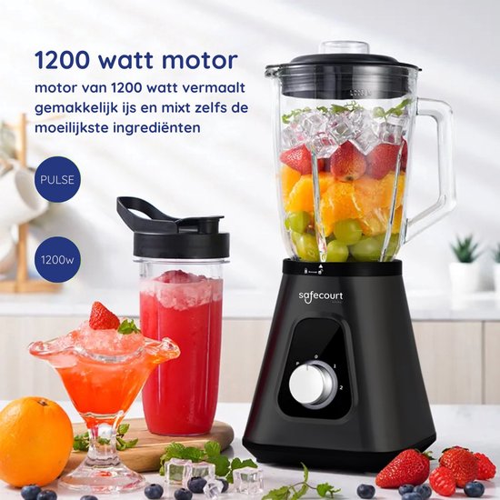 Safecourt Küchenmixer - Leistungsstarker - 1200-Watt-Mixer - Mit To-Go-Becher - 3 Ständer - Schwarz