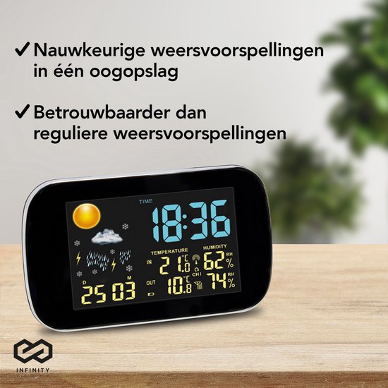Infinity Goods Wetterstation - Wettervorhersage - Hygrometer - Innen und Außen - Temperatur - Luftfeuchtigkeit - Kabelloser Außensensor - 100M Reichweite - Schwarz