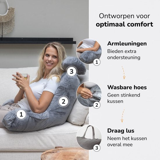 Soft & Silky Lesekissen fürs Bett - Gute Haltung - Mit 3 Ablagefächern - Für den unteren Rücken - Fürs Sofa - Grau